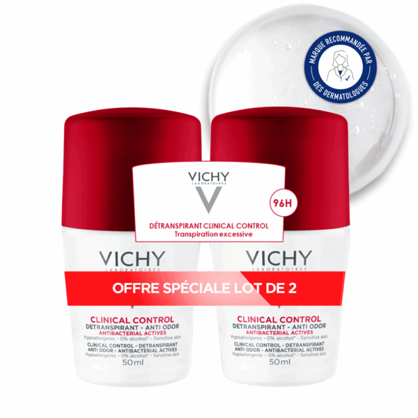 Vichy Déodorant 96H Clinical Control Détranspirant Anti-Odeur Roll-On – Lot de 2 x 50 ml